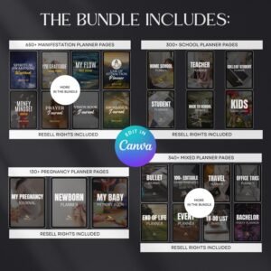 7500 Digital Planner Pages Bundle PLR MRR Editable Canva Templates
