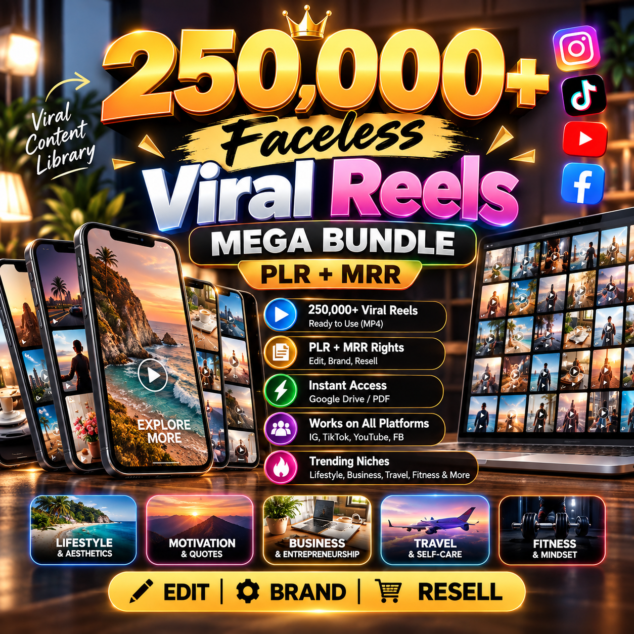 250,000+ Viral Reels Mega Bundle (PLR/MRR) | Faceless Reels Content