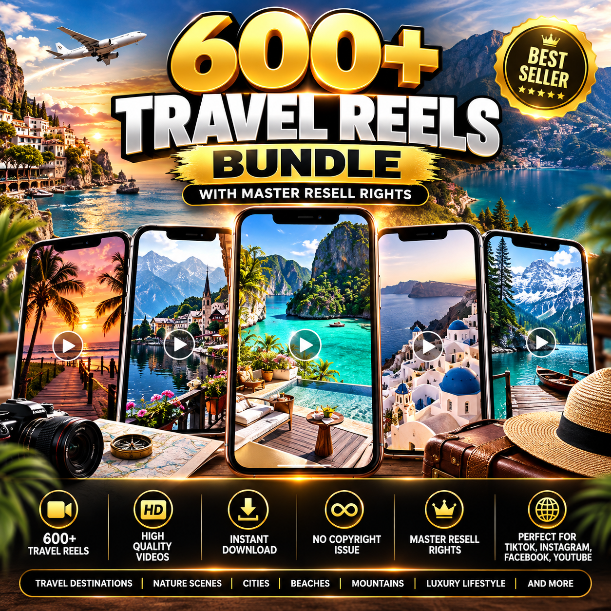 600+ Faceless Travel Reels Bundle | Travel Reels, Instagram Reels, TikTok and Youtube Shorts, (PLR, MRR)