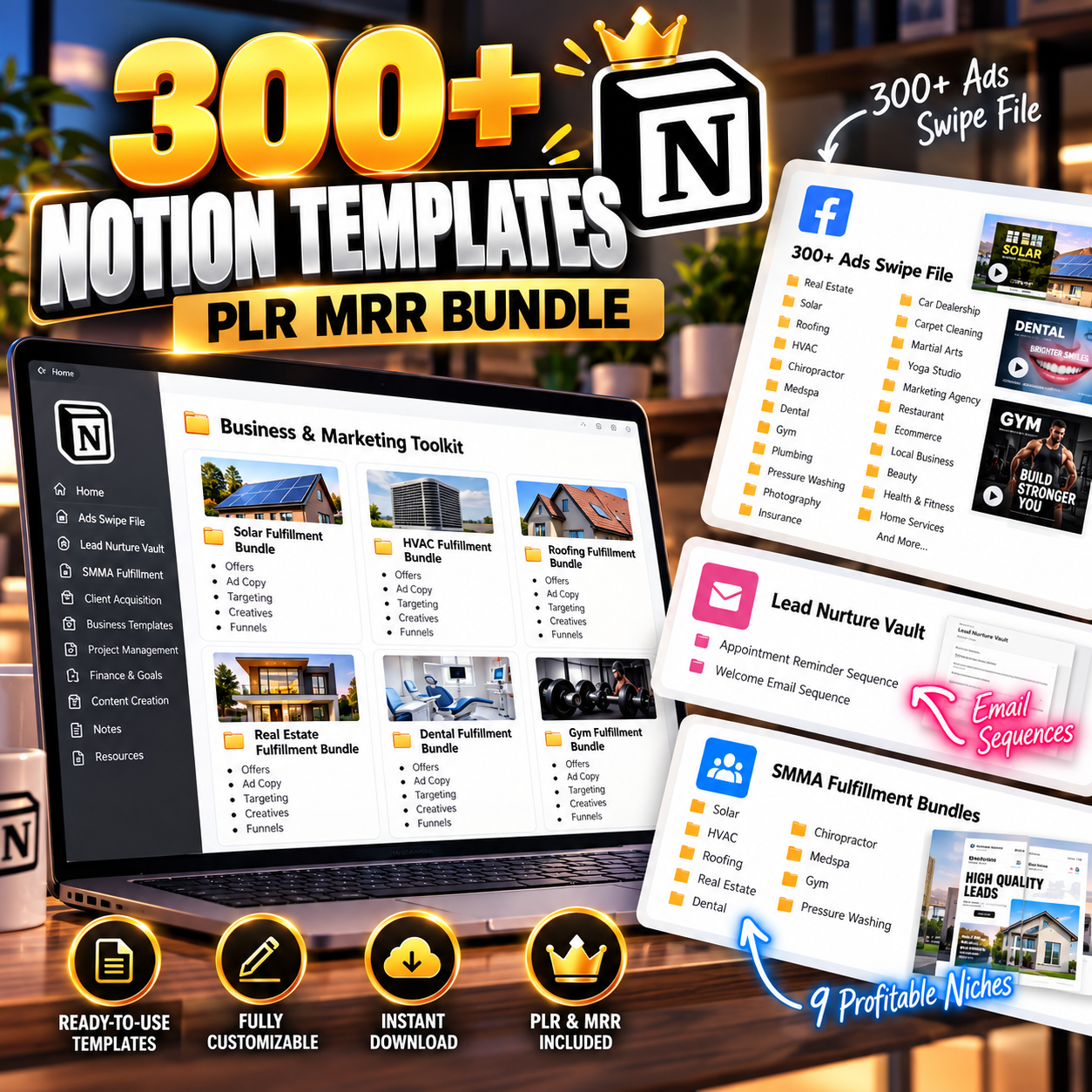 300+ Notion Templates Bundle | SMMA, Ads Swipe Files, Lead Nurture Vault, Fulfillment | Ultimate Business Notion Templates | PLR MRR Bundle