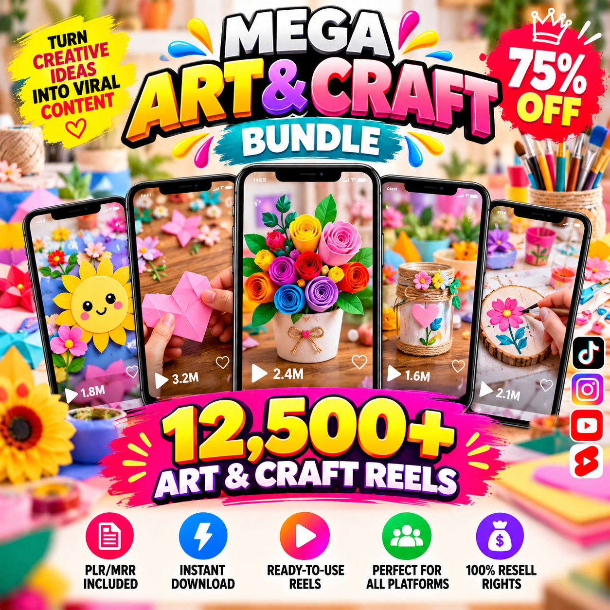 12,500+ Art & Craft Reels Bundle | DIY Tutorial Videos for Instagram TikTok YouTube | PLR MRR Included