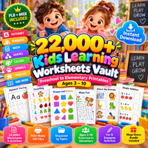 22,000+ Kids Worksheets Learning Vault PLR MRR Preschool to Elementary Printables