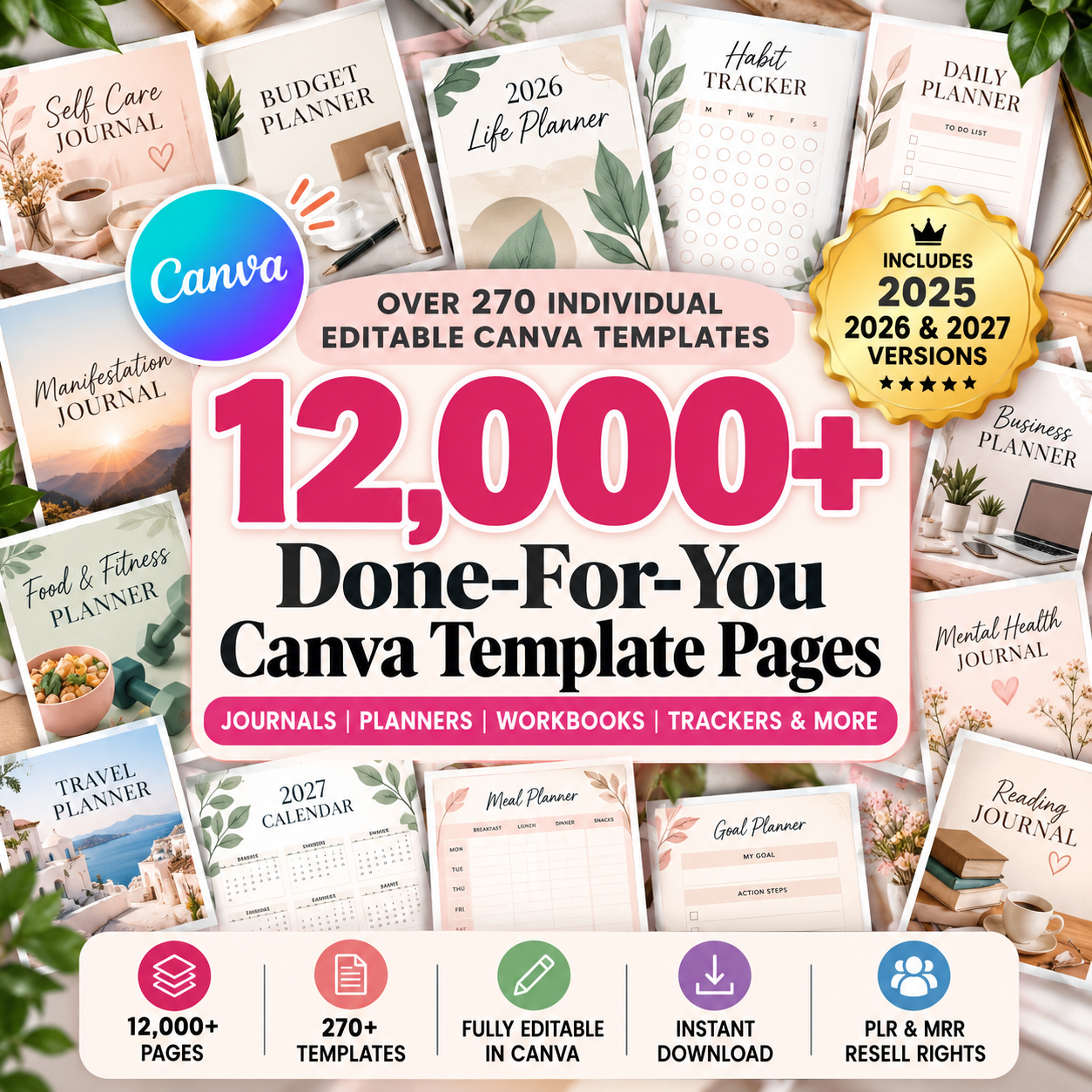 12000 Done For You Canva Editable Templates Bundle, 270+ Printable Planners, Journals, Trackers for 2025, 2026 and 2027 Resell with MRR PLR