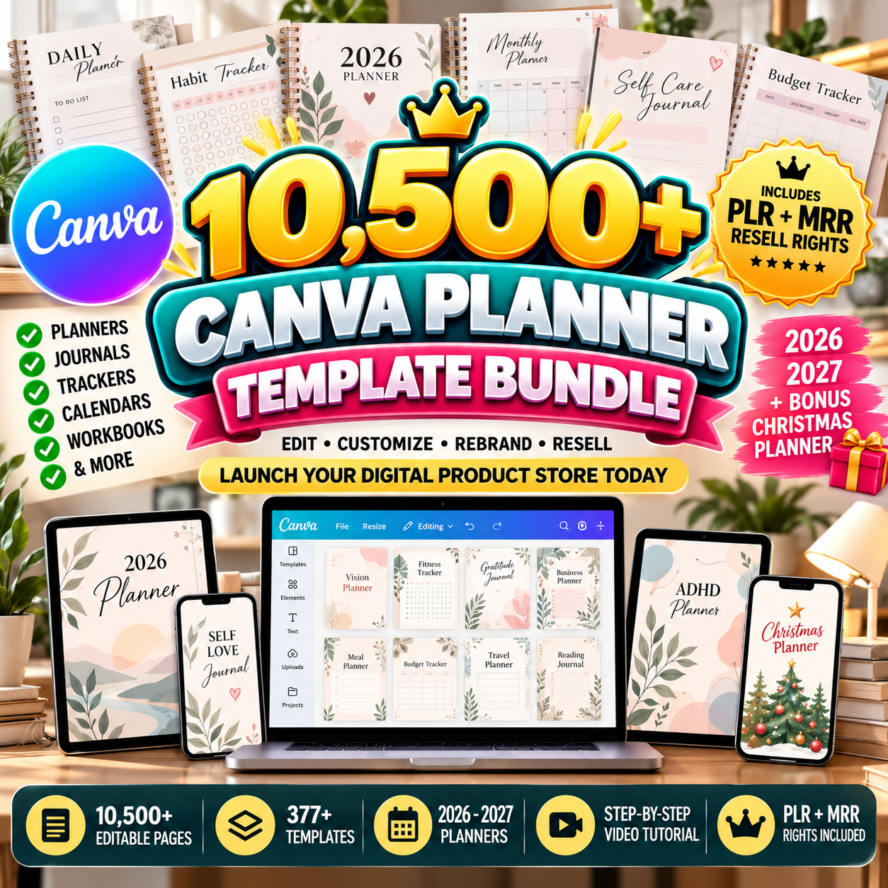 10,500 Canva Planner Templates | 2026-2027 Editable Planners, Journals, Trackers & Calendars | PLR MMR