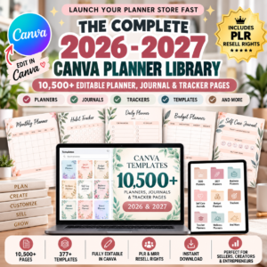 10,500 Canva Planner Templates | 2026-2027 Editable Planners, Journals, Trackers & Calendars | PLR Master Resell Rights Bundle