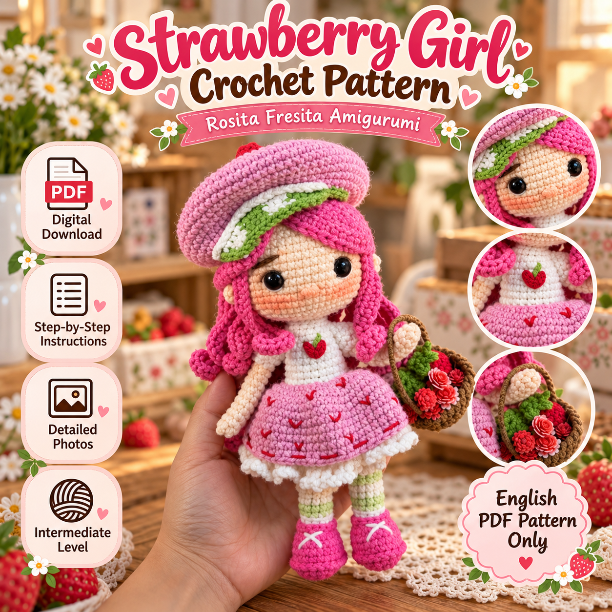 Strawberry Girl Crochet Pattern PDF – Rosita Fresita Amigurumi Doll